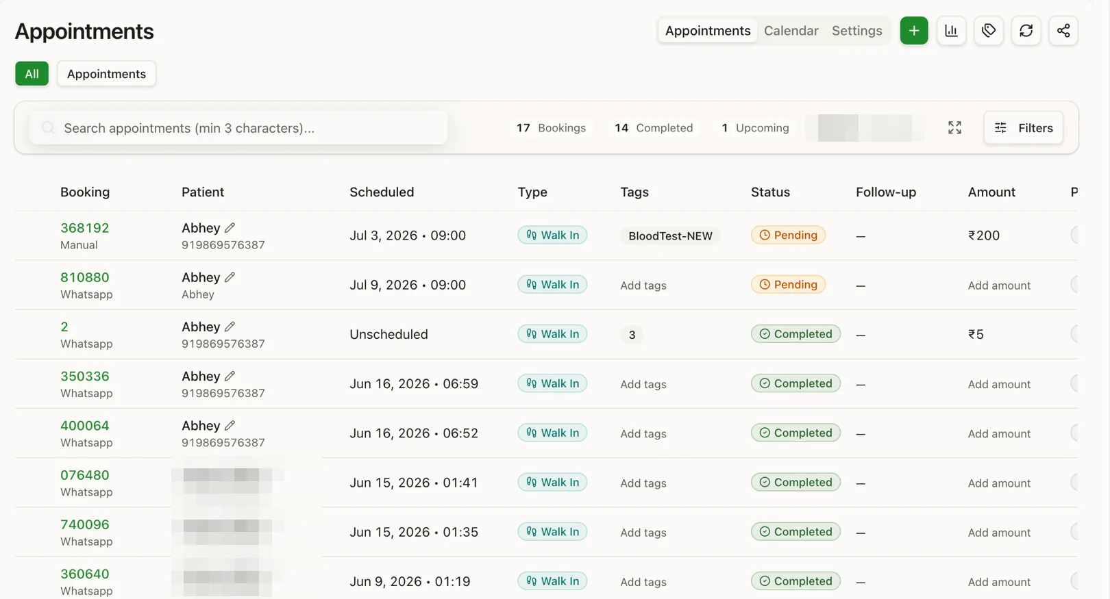ReviewsFlow appointments screen showing booked slots and WhatsApp confirmations