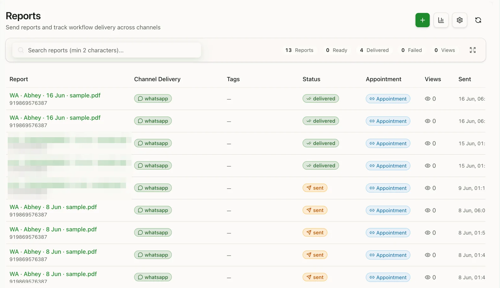 ReviewsFlow reports dashboard tracking WhatsApp delivery and read status