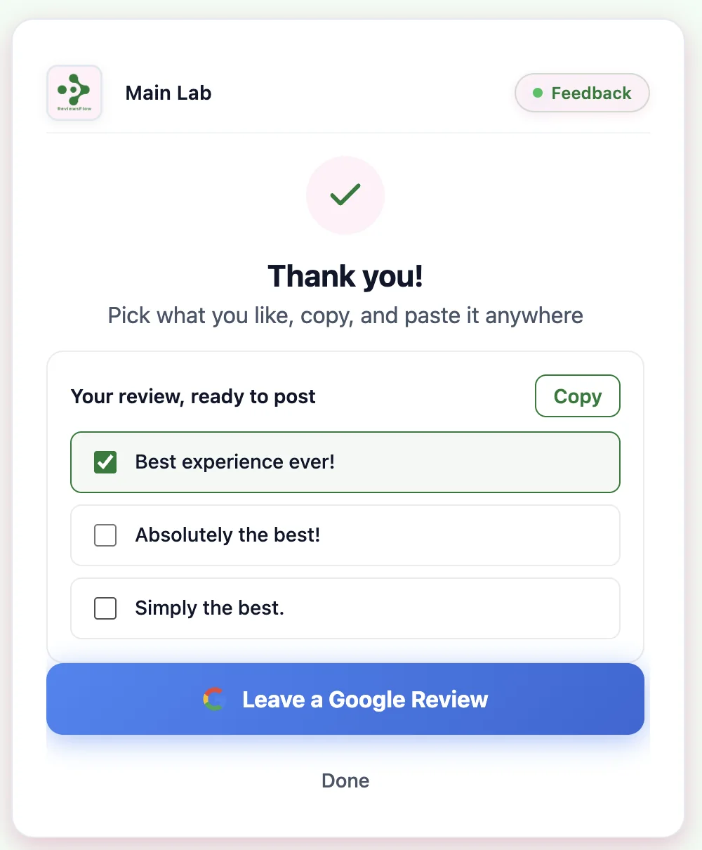 The ReviewsFlow review flow on a phone: a rating request, then a Google review prompt for happy patients
